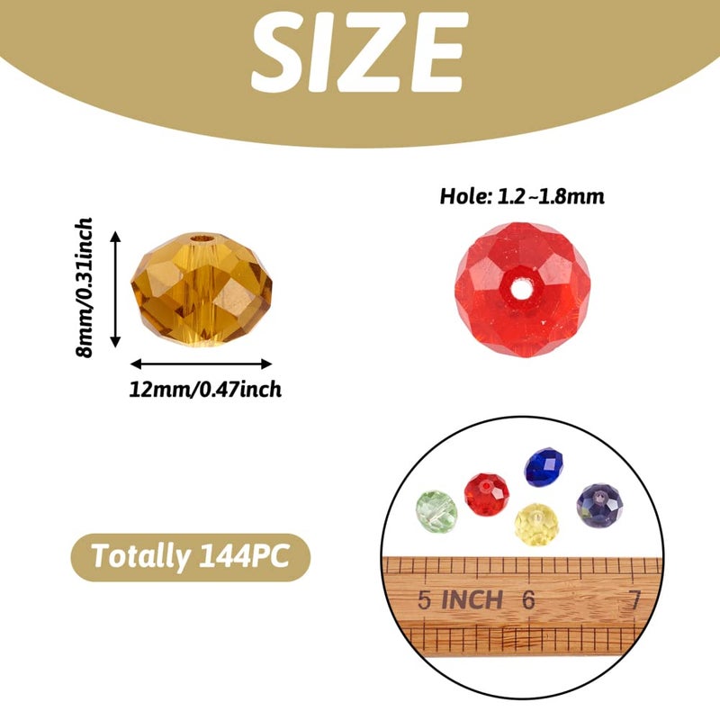 Craftdady 144Pcs 12mm Faceted Briollete Rondelle Glass Beads Crystal Spacer Loose Spacers Random Mixed Colors for Jewelry Making Hole: 1.2-1.8mm - Image 2